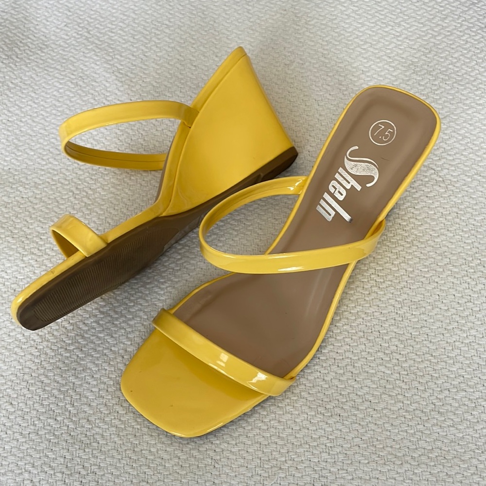 SHEIN Yellow Patent Strappy Wedge Sandals